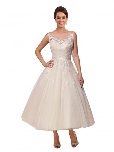 Elfenbein Prinzessin Illusion Ausschnitt Wadenlang Tüll Spitze Brautkleider Kaufen