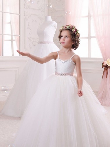 Elfenbein Prinzessin Kapelle-schleppe Tüll Lange Blumenmädchenkleider Kaufen