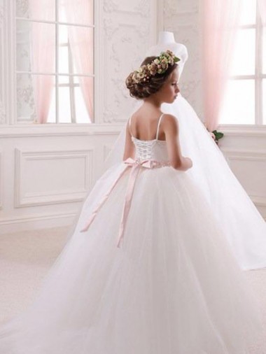 Elfenbein Prinzessin Kapelle-schleppe Tüll Lange Blumenmädchenkleider Kaufen