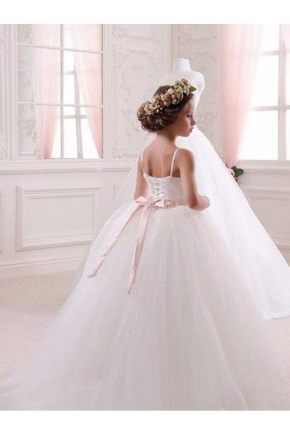 Elfenbein Prinzessin Kapelle-schleppe Tüll Lange Blumenmädchenkleider Kaufen