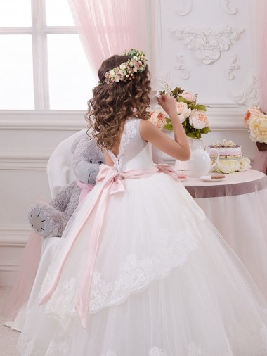 Elfenbein Prinzessin Kapelle-schleppe Tüll Spitze Lange Blumenmädchenkleider Kaufen
