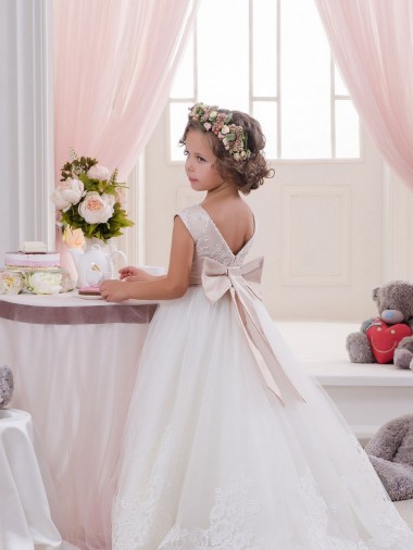 Elfenbein Prinzessin Kapelle-schleppe Tüll Spitze Lange Blumenmädchenkleider Kaufen