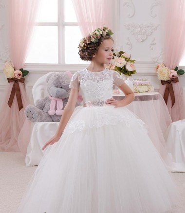 Elfenbein Prinzessin Tüll Spitze Lange Blumenmädchenkleider Kaufen