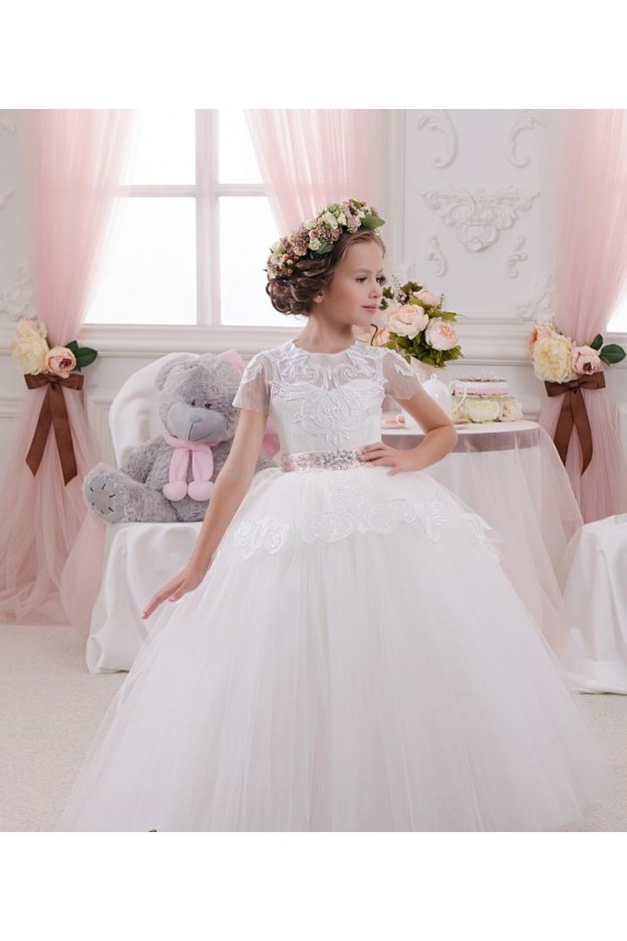 Elfenbein Prinzessin Tüll Spitze Lange Blumenmädchenkleider Kaufen