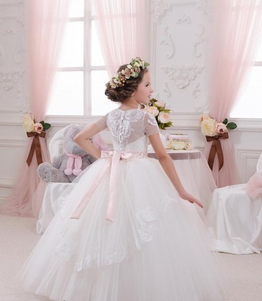 Elfenbein Prinzessin Tüll Spitze Lange Blumenmädchenkleider Kaufen