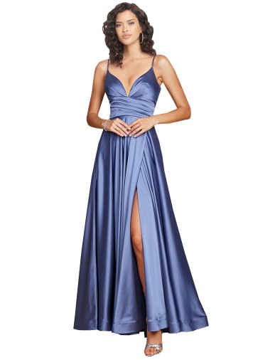 Französisch Blau A-Linien Spaghetti-Träger Seidiger Satin Lange Formale Brautjungfernkleider / Abendkleider / Abiballkleider Kaufen