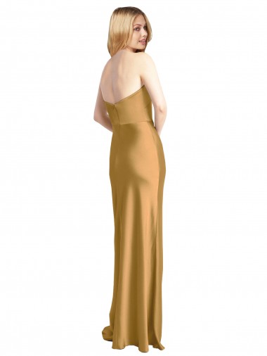 Gold A-Linien Trägerlos Stretch-Satin Lange Formale Brautjungfernkleider / Abendkleider / Abiballkleider Kaufen