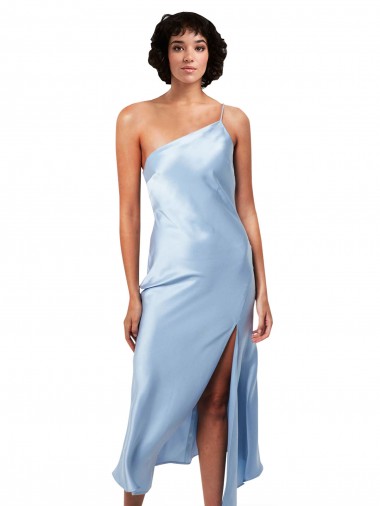 Helles Himmelblau A-Linien Eine-Schulter Midi Seidiger Satin Kurze Formale Brautjungfernkleider / Abendkleider / Abiballkleider / Cocktailkleider / Heimkehr Kleider Kaufen
