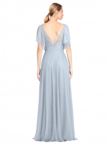 Helles Himmelblau A-Linien Spaghetti-Träger V-Ausschnitt Tüll Lange Brautjungfernkleider Kaufen