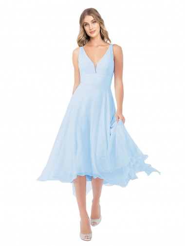 Helles Himmelblau A-Linien V-Ausschnitt Midi Chiffon Kurze Brautjungfernkleider / Cocktailkleider / Heimkehr Kleider Kaufen