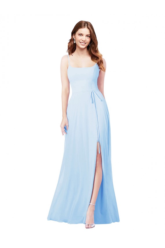Helles Himmelblau Etui Spaghetti-Träger Quadrat Ausschnitt Chiffon Lange Brautjungfernkleider Kaufen
