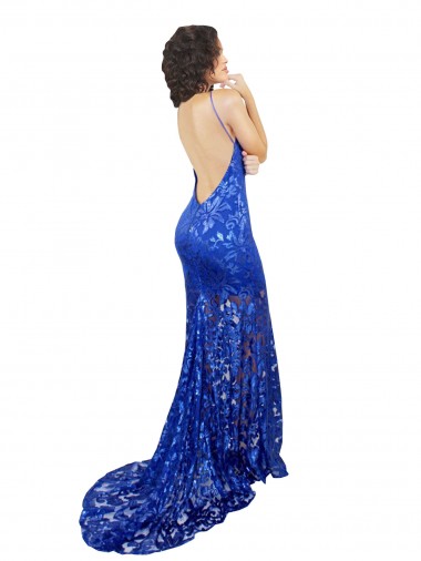 Königsblau Meerjungfrau Stehkragen Ausschnitt Spitze Lange Brautjungfernkleider / Abiballkleider Kaufen