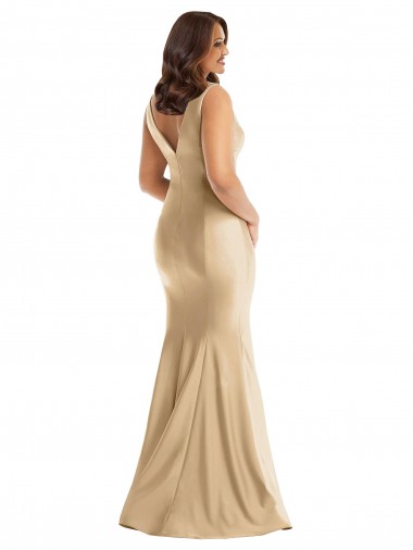 Meerjungfrau V-Ausschnitt Seidiger Satin Lange Formale Brautjungfernkleider / Abendkleider / Abiballkleider Kaufen