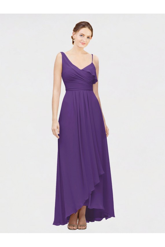 Pflaume Lila A-Linien Eine-Schulter V-Ausschnitt Chiffon Lange Brautjungfernkleider Kaufen