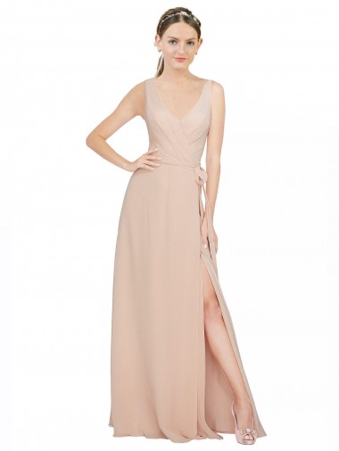 Rosa 114 A-Linien V-Ausschnitt Chiffon Lange Brautjungfernkleider Kaufen