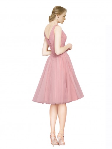 Rosa A-Linien V-Ausschnitt Knielang Tüll Kurze Brautjungfernkleider / Cocktailkleider / Heimkehr Kleider Kaufen