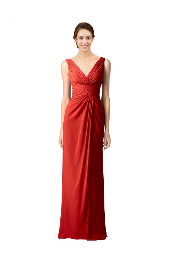 Rot Etui V-Ausschnitt Chiffon Lange Brautjungfernkleider Kaufen