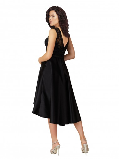 Schwarz A-Linien Illusion Ausschnitt Midi Satin Spitze Kurze Brautjungfernkleider / Cocktailkleider / Heimkehr Kleider Kaufen