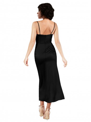 Schwarz A-Linien Spaghetti-Träger Haube Ausschnitt Wadenlang Seidiger Satin Kurze Formale Brautjungfernkleider / Abendkleider / Abiballkleider / Cocktailkleider / Heimkehr Kleider Kaufen