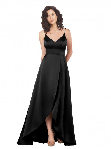 Schwarz A-Linien V-Ausschnitt Seidiger Satin Lange Formale Brautjungfernkleider / Abendkleider / Abiballkleider Kaufen