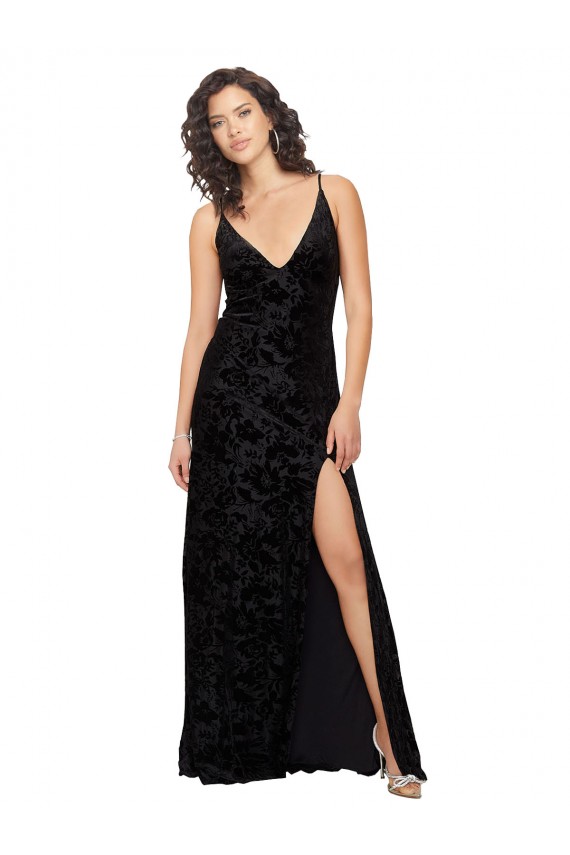 Schwarz Etui V-Ausschnitt Blumen-Samt Stretch-Samt Lange Brautjungfernkleider Kaufen