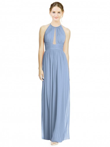 Staubiges Blau A-Linien Neckholder Chiffon Lange Brautjungfernkleider Kaufen