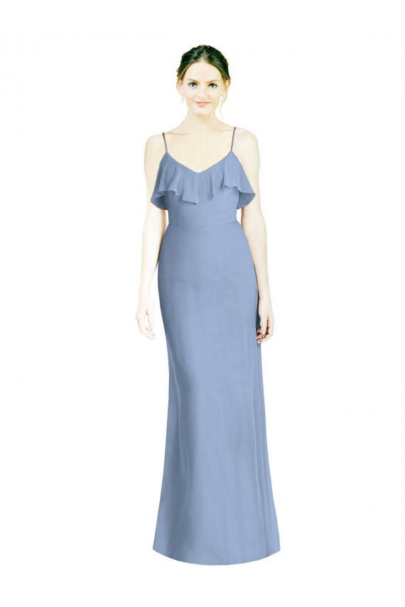 Staubiges Blau A-Linien Spaghetti-Träger V-Ausschnitt Chiffon Lange Brautjungfernkleider Kaufen