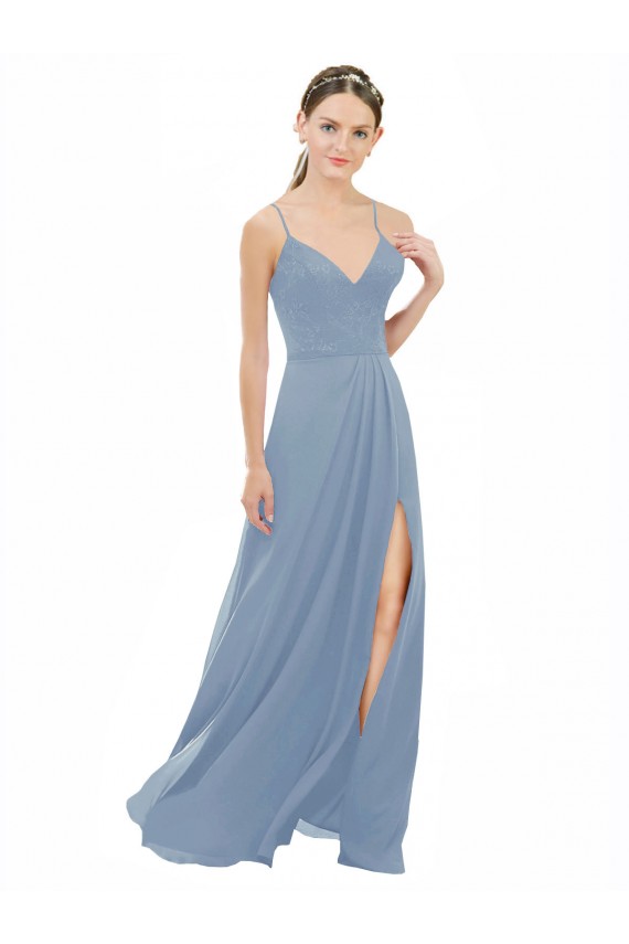 Staubiges Blau A-Linien Spaghetti-Träger V-Ausschnitt Chiffon Spitze Lange Brautjungfernkleider Kaufen