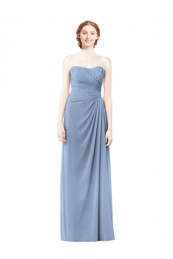 Staubiges Blau A-Linien Trägerlos Chiffon Lange Brautjungfernkleider Kaufen