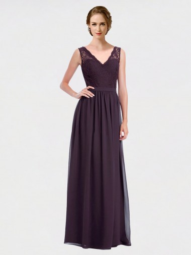 Traube A-Linien V-Ausschnitt Chiffon Spitze Lange Brautjungfernkleider Kaufen