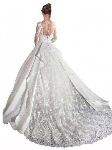 Weiß A-Linien Illusion Ausschnitt Kathedrale Schleppe Satin Spitze Brautkleider Kaufen