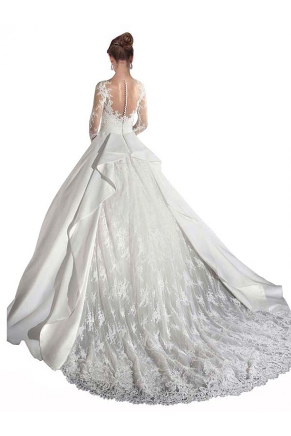 Weiß A-Linien Illusion Ausschnitt Kathedrale Schleppe Satin Spitze Brautkleider Kaufen