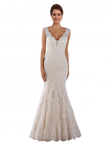 Weiß Meerjungfrau V-Ausschnitt Kapelle-schleppe Spitze Brautkleider Kaufen