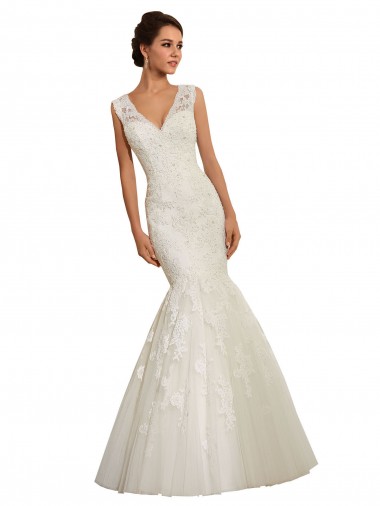 Weiß Meerjungfrau V-Ausschnitt Kapelle-schleppe Tüll Spitze Brautkleider Kaufen