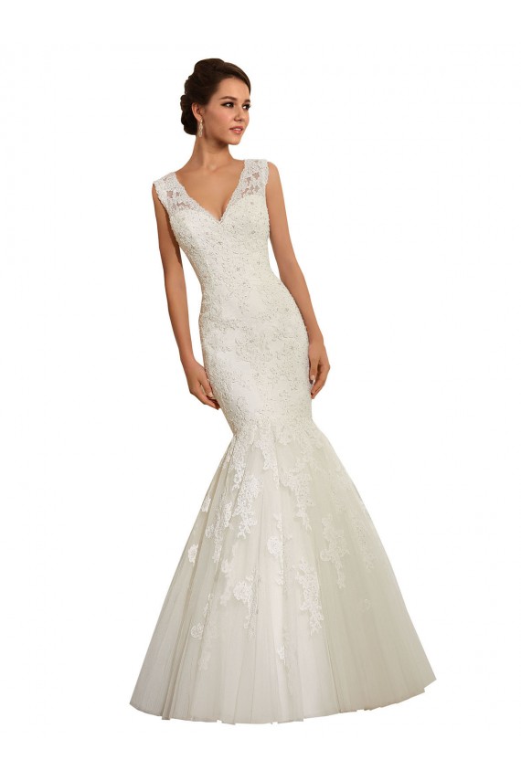 Weiß Meerjungfrau V-Ausschnitt Kapelle-schleppe Tüll Spitze Brautkleider Kaufen